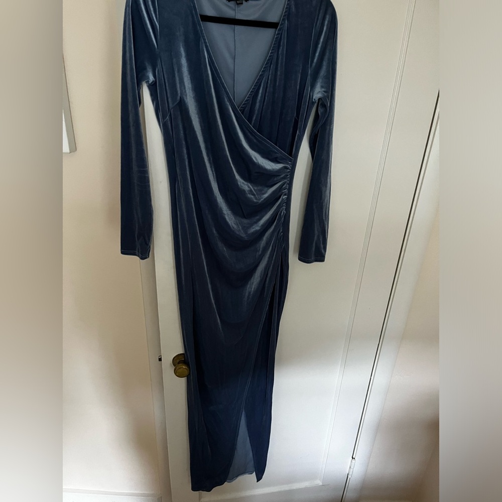 Long Sleeve Blue Velvet Maxi Dress